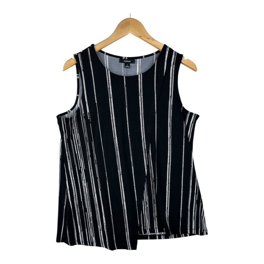 ALFANI Tunic‎ Top Boho Women's Wrap Front Black White Stripe Sleeveless Blouse M
